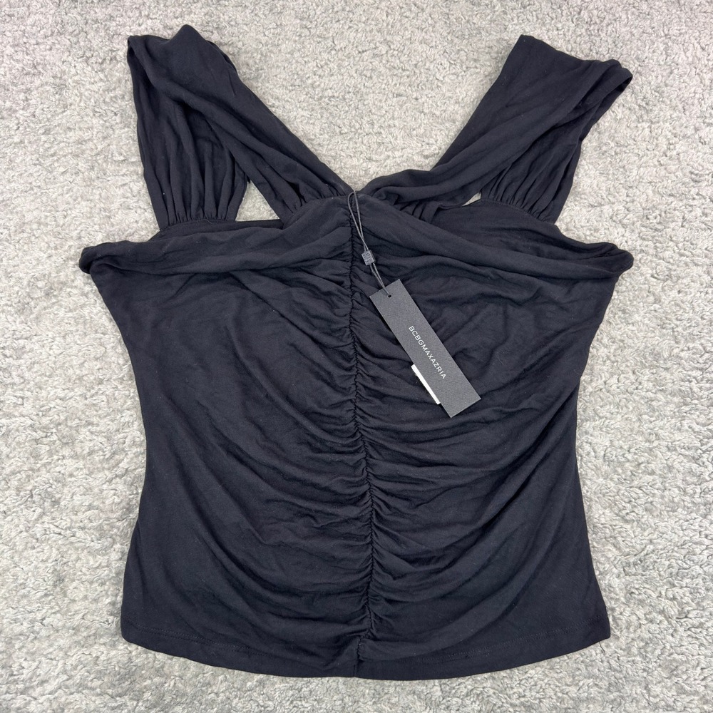 BCBGMAXAZRIA Black‎ Ruched Twist Strap Tank Top Women's Size L NWT $99